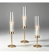 QTRQTR 3 PCS Gold Hurricane Candle Holders Fluted Glass Candlestick Holder | Taper Tall Clear Cyl...