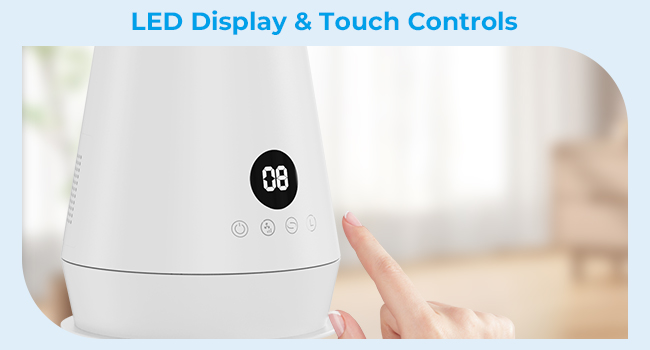 Text reads 'LED Display & Touch Controls'. White spherical device with digital display showing '08' and visible touch control interface against light background.