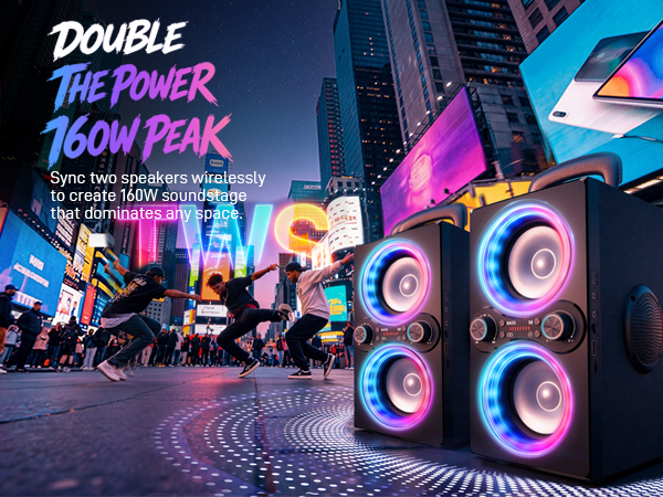 Two neon speakers on a wet city street; three men breakdance for a crowd under billboards.