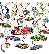HonuGoGo Race Car Hanging Swirl Decorations, 18PCS Ceiling Streamers Kit with Checkered Flags, Ca...