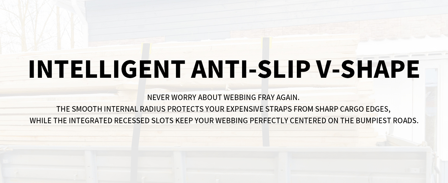 Intelligent anti-slip V-shape flatbed edge protectors protecting tie down straps on lumber cargo.