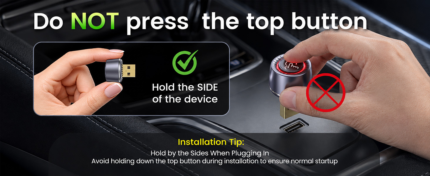 Wireless Android Auto adapter explains proper plug-in handling for normal startup.