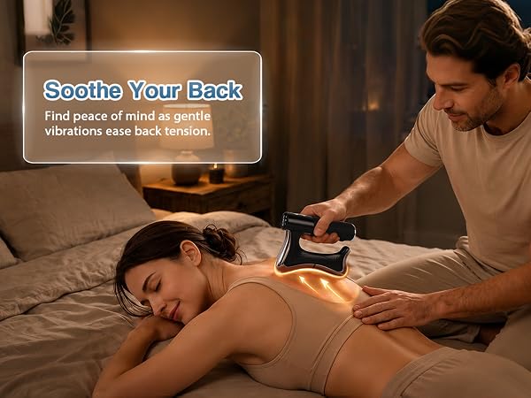 Fascia massage tool with heat and vibration soothes back tension during home care.