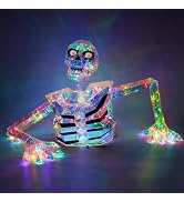 Half Skeleton Outdoor Halloween Decorations,47" Pre-lit Prismatic Iridescent Skeleton Decor with ...