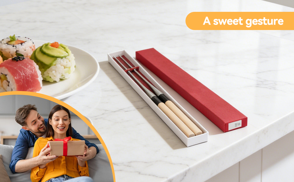 Sushi Chopsticks, Stainless Steel Japanese Chopsticks with Wood Handle