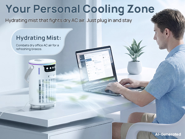USB powered water air cooler providing a gentle hydrating breeze for your workspace