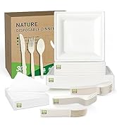 FEHHTO Paper Plates Set, 300PCS Disposable Heavy-Duty Plate and Utensils, Eco Friendl...