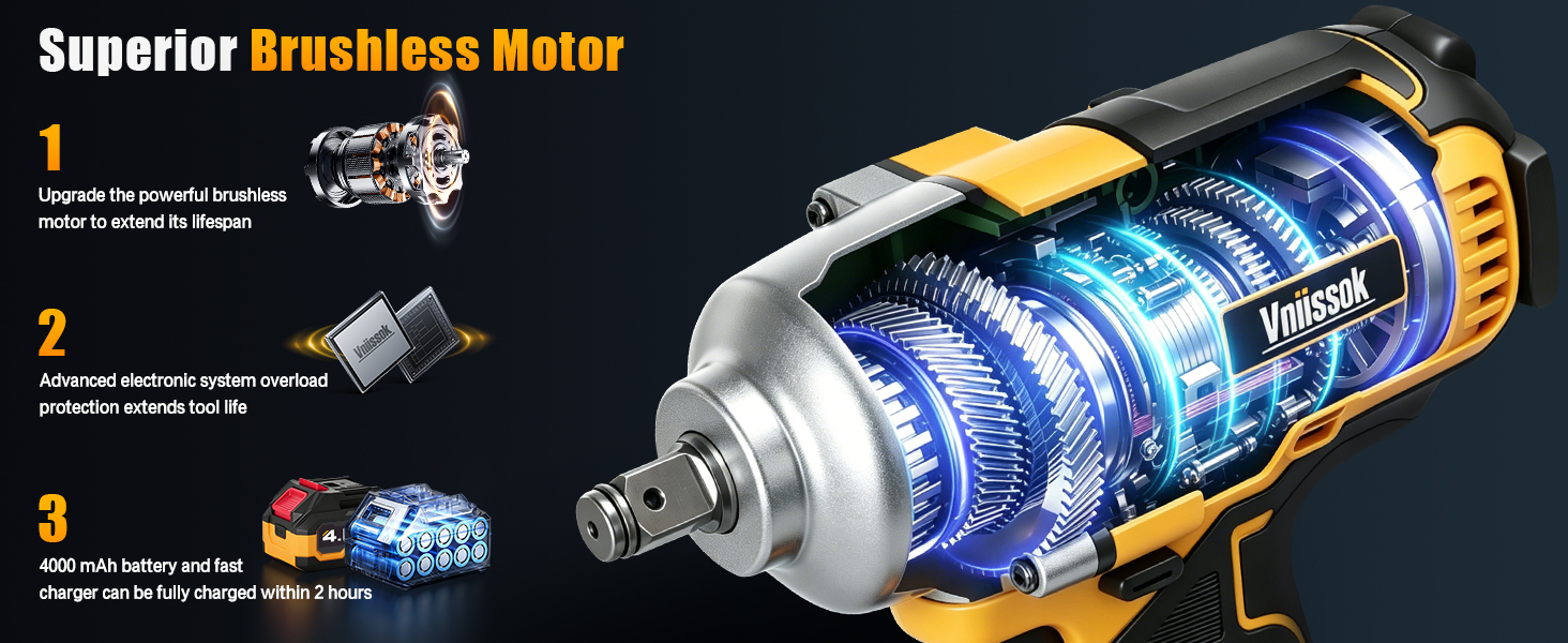 Brushless Impact Gun with 2x4.0Ah Battery, 1/2" High Torque Pistola De Impacto for Truck/Mower/Car