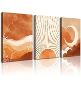 Frimeeme Framed Boho Sun and Moon Canvas Wall Art Set of 3, Mid-Century Modern Canvas Prints, Fra...