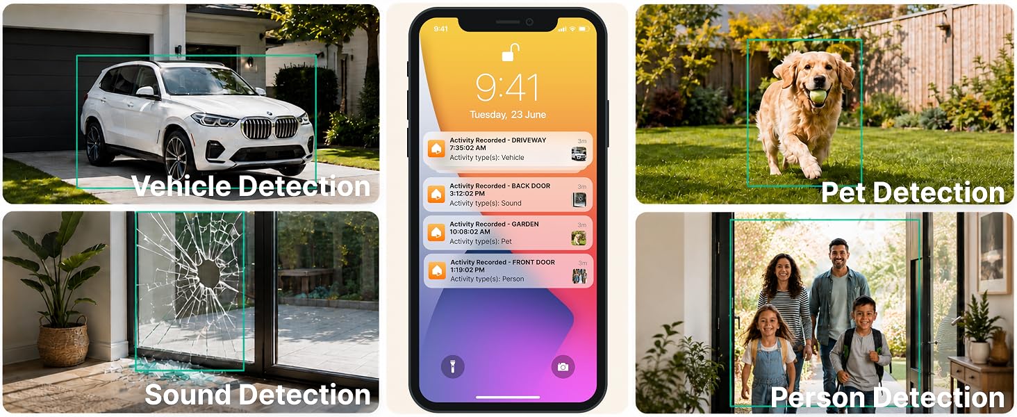 AlfredCam security camera app showing vehicle, pet, sound, and person detection alerts