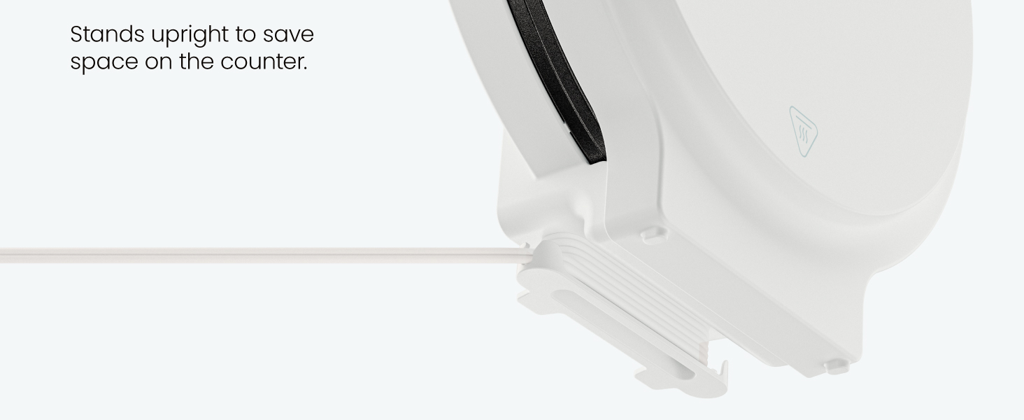 Stands upright to save space on the counter