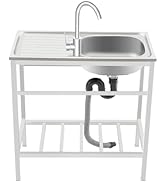 Utility Sink, Freestanding Kitchen Sink with Faucet, Stainless Steel Utility Sink with Bottom She...