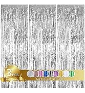 TONIFUL 3Pcs Silver Metallic Tinsel Foil Fringe Curtains,3.28ft x 6.56ft Silver Photo Booth Backd...