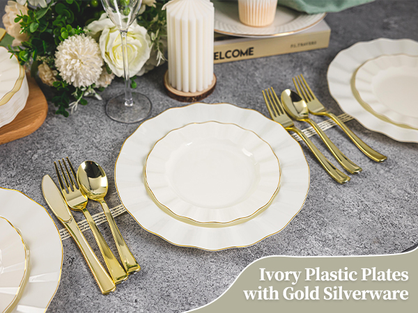 gold plastic plates and silverware