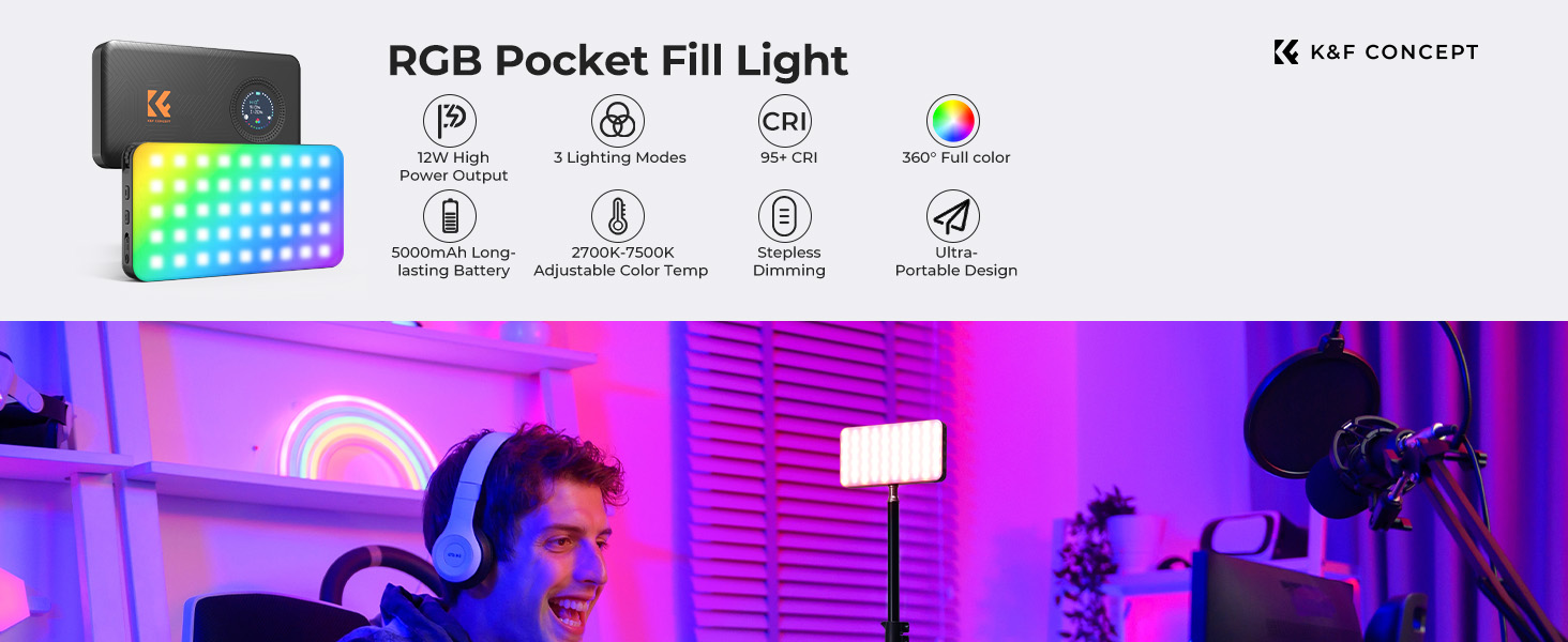 Text reads 'RGB Pocket Fill Light'. Product showcase of portable LED light panel displaying various color outputs and lighting scenarios in purple and blue environments.