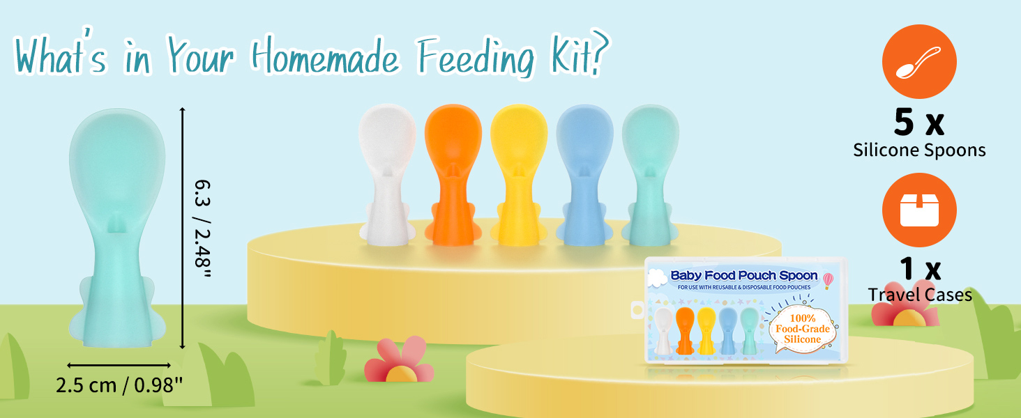 An infographic delineating the complete feeding kit: five silicone spoons with a travel case.