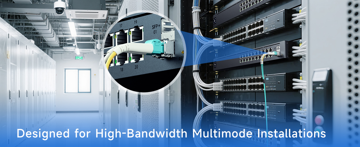 Duplex LC to LC multimode fiber patch cable compatible with SFP+ transceivers