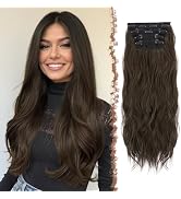 FESHFEN Clip in Hair Extensions for Women - 4 Pcs Thick Double Weft Long Wavy Soft Synthetic Blen...