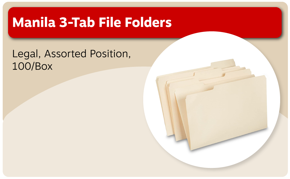 Staples Manila File Folders, Legal, 3 Tab, Assorted Position, 100/Box