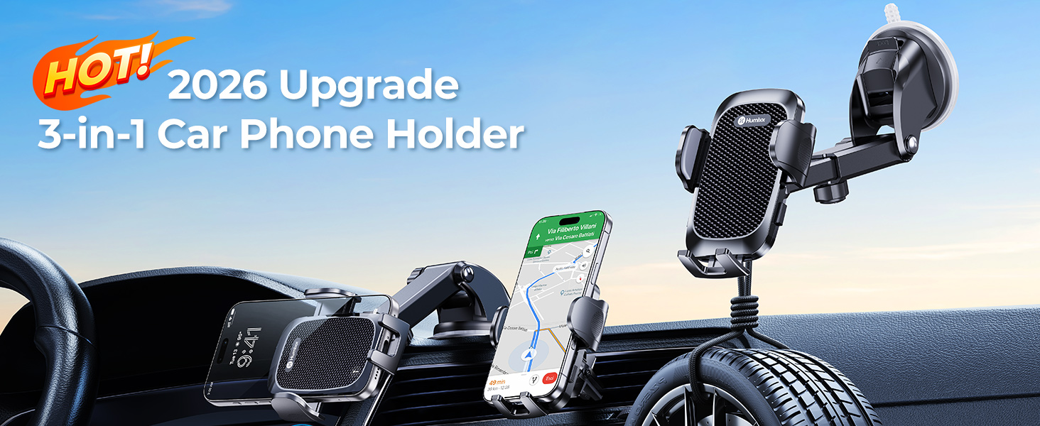 3-in-1 car phone holder mounted on air vent, dashboard and windshield