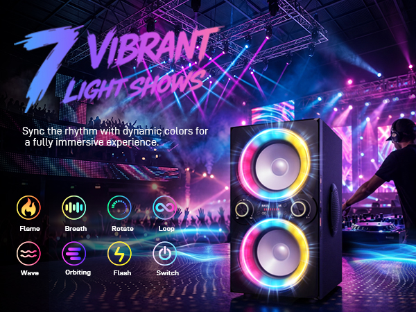 Vibrant LED speaker on a club stage; a DJ performs for a cheering crowd under laser lights.