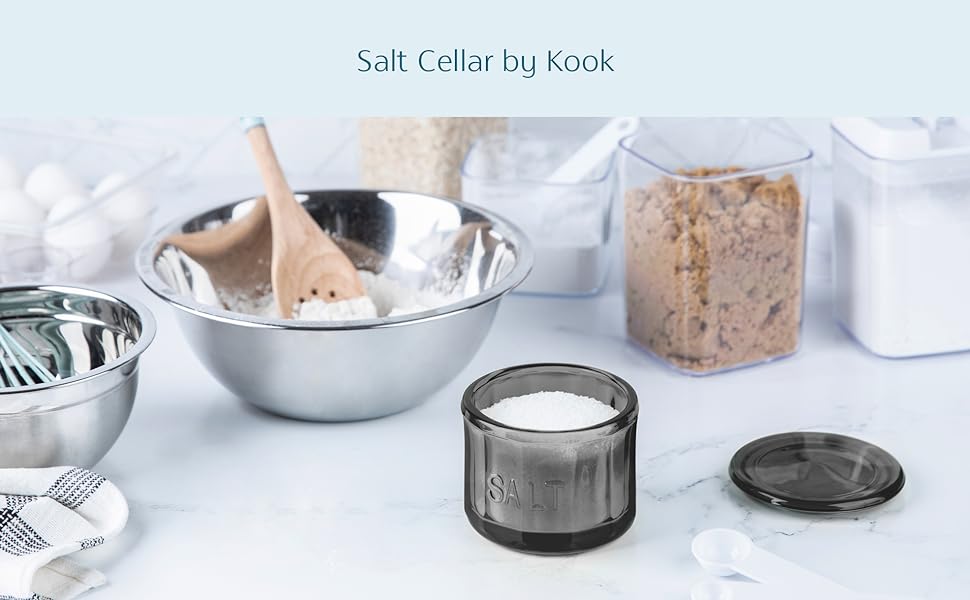 KooK clear pressed glass salt cellar holder container with lid wood olive oil