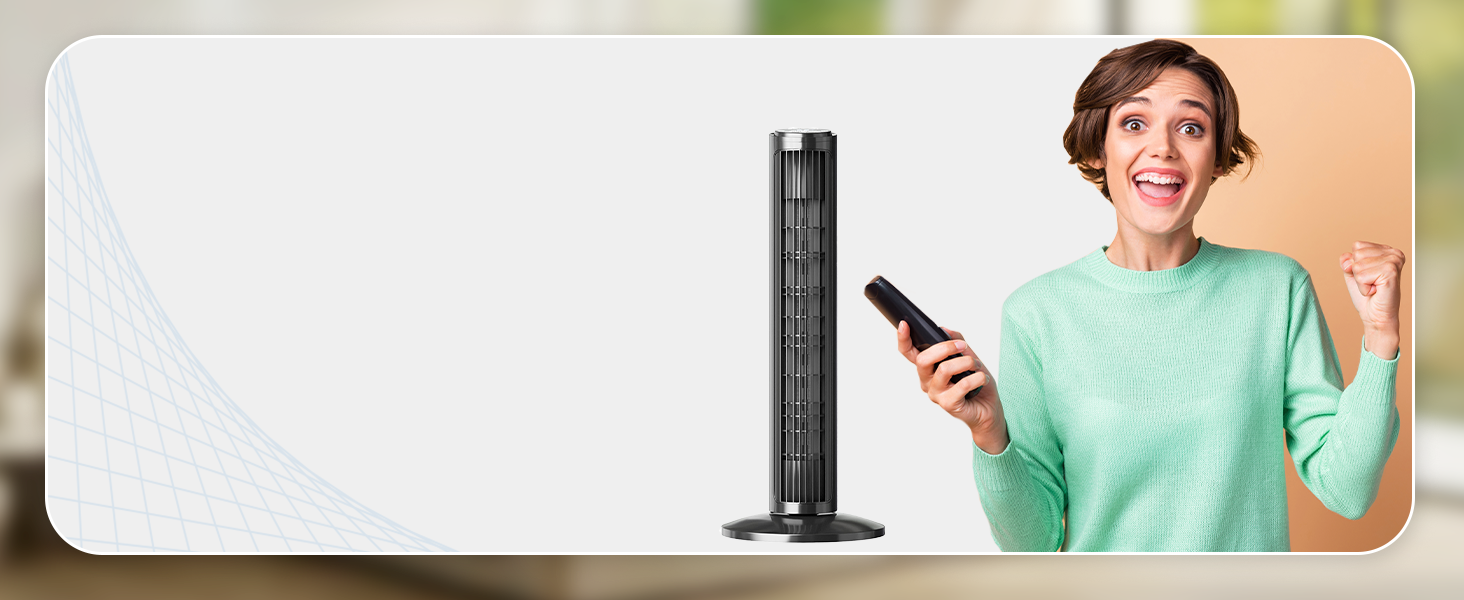 woman holding a remote to control the fan