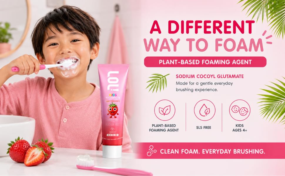 Boy brushing with LOL Kids Strawberry toothpaste and plant-based foaming agent.