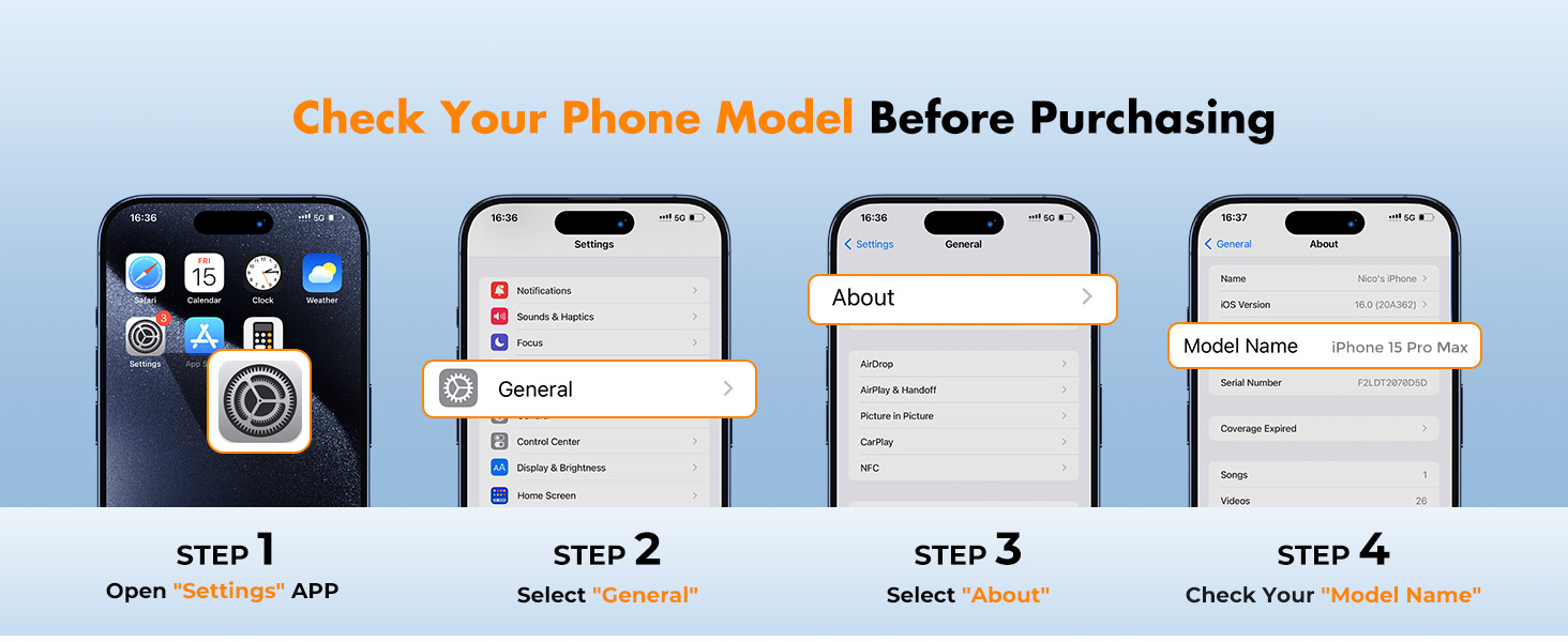 Four-step guide for checking phone compatibility. Shows smartphone screens with instructions to open settings app, select specific menus, and verify device information.