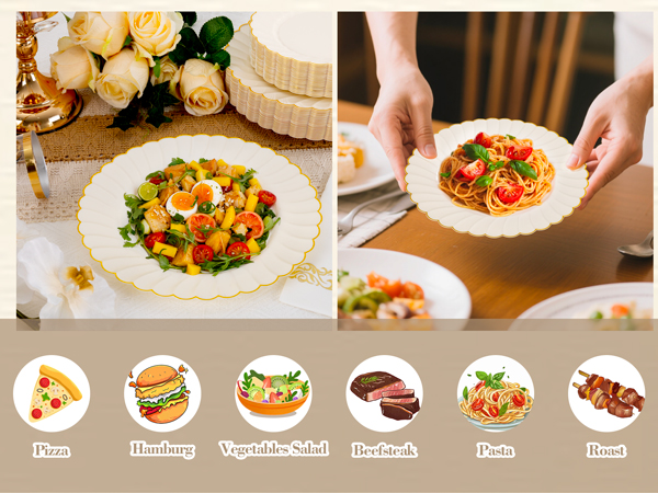 100 Pack Ivory Scalloped Plastic Plates - 7.25 Inch/10.25 Inch Gold Disposable Plates with Gold Rim