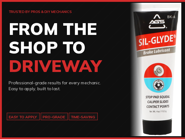Sil-Glyde brake lubricant tube with headline: From the Shop to Driveway on dark background.