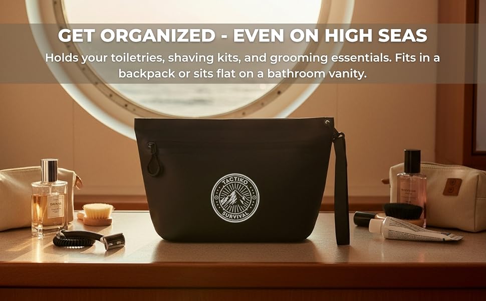 Black pouch on a vanity with grooming supplies and a porthole view