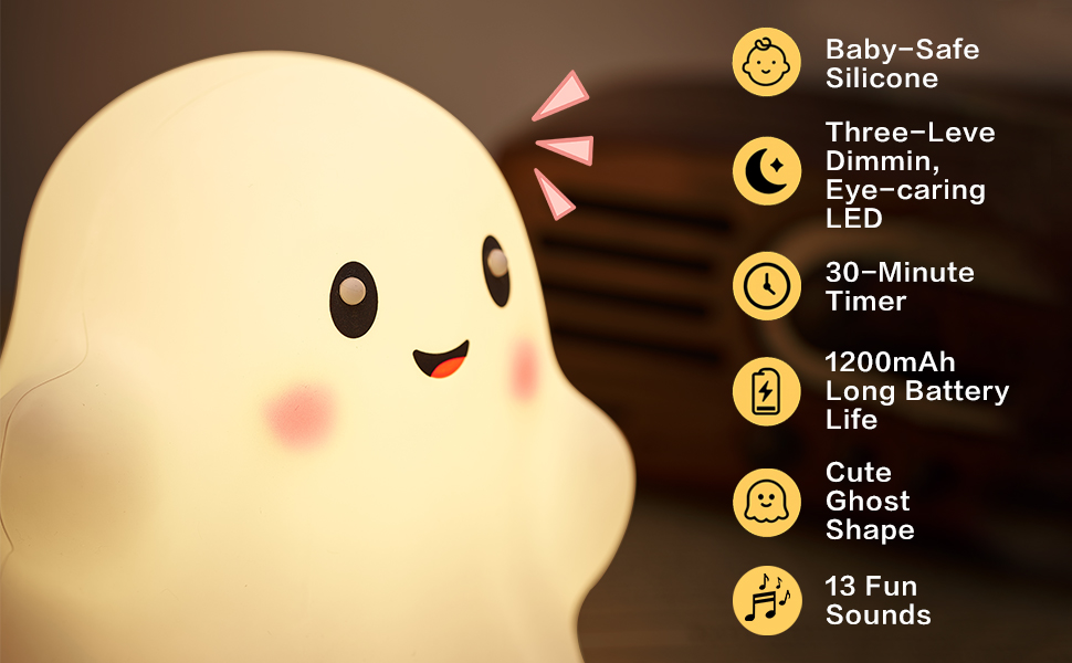 ghost night light with baby, 3-level dimmable eye-caring LED, 30-minute auto-off timer,