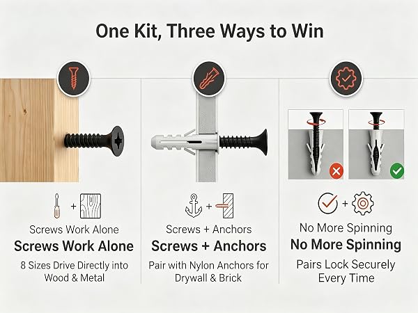 Self tapping screws with nylon wall anchors, multi-use wood drywall brick mounting fasteners kit