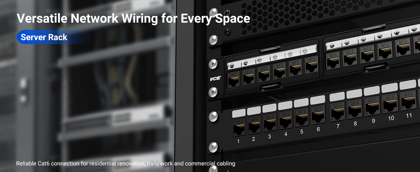 Text reads "Versatile Network Wiring for Every Space" and "Server Rack". Close-up of network server rack with multiple cable ports and wiring infrastructure.