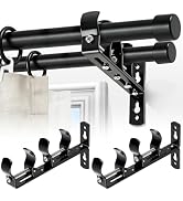 Curtain Rod Bracket, Double Curtian Rods Holders Hooks Hangers | 2 Pack, Black, Heavy Duty, Adjus...