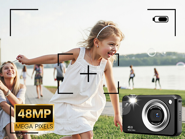 Text reads '48MP MEGA PIXEL' with camera viewfinder overlay frame and battery indicator. Digital camera product shot shown in bottom right corner.