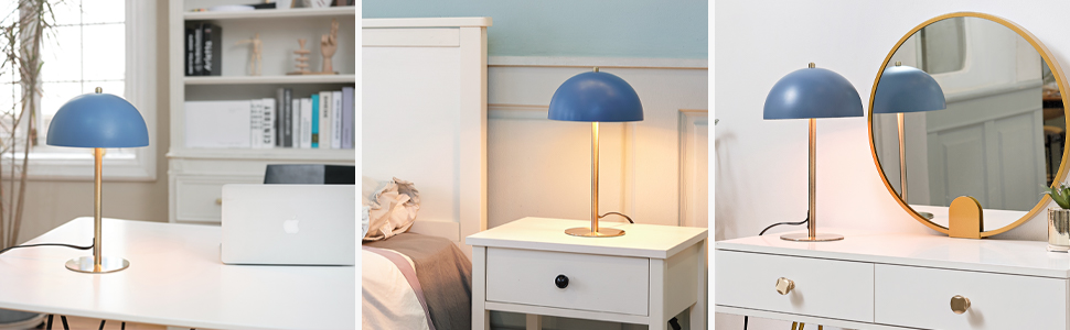 Luna Matte Blue and Matte Gold Desk Lamp Featured in a Home Office, a Bedroom, and a Living Room