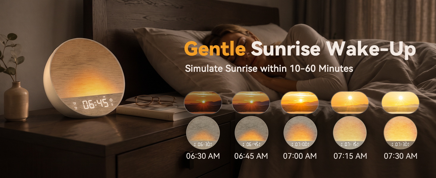 Sunrise simulation alarm clock for heavy sleepers gently waking up an adult in a dark bedroom.