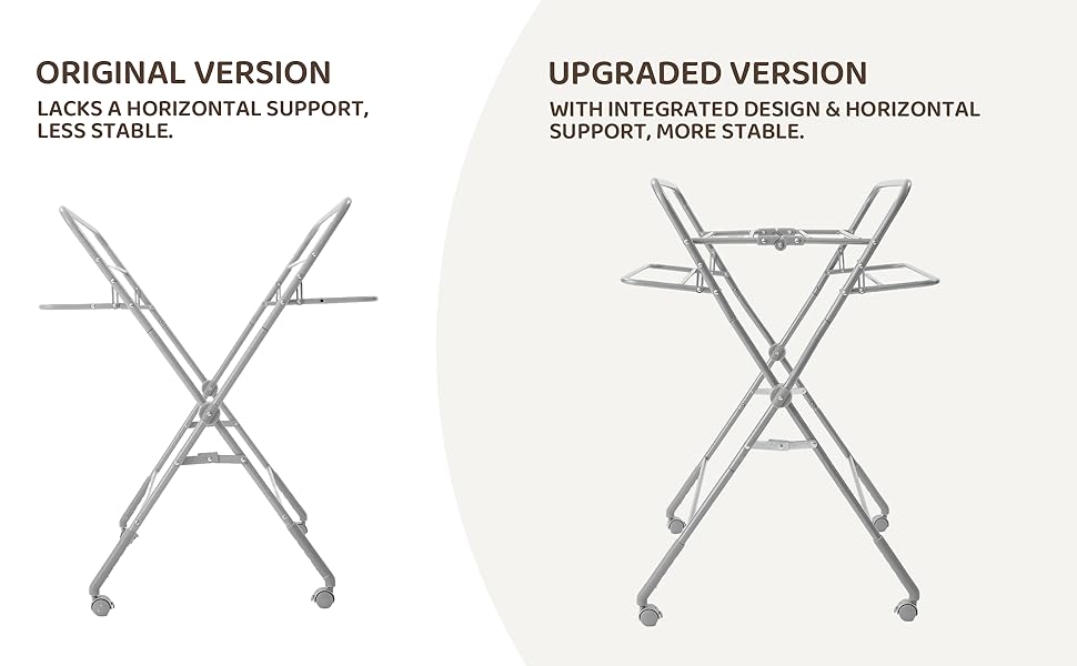 Text reads 'ORIGINAL VERSION' and 'UPGRADED VERSION'. Technical diagram showing multiple X-shaped support structures in different configurations and angles.