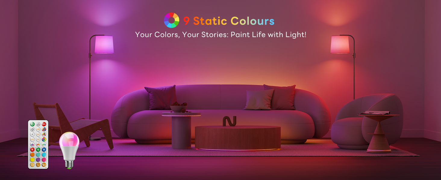 Text reads 'Static Colours'. Interior scene showing pink-purple LED mood lighting illuminating a modern living room setting with couch and ambient lighting effects.