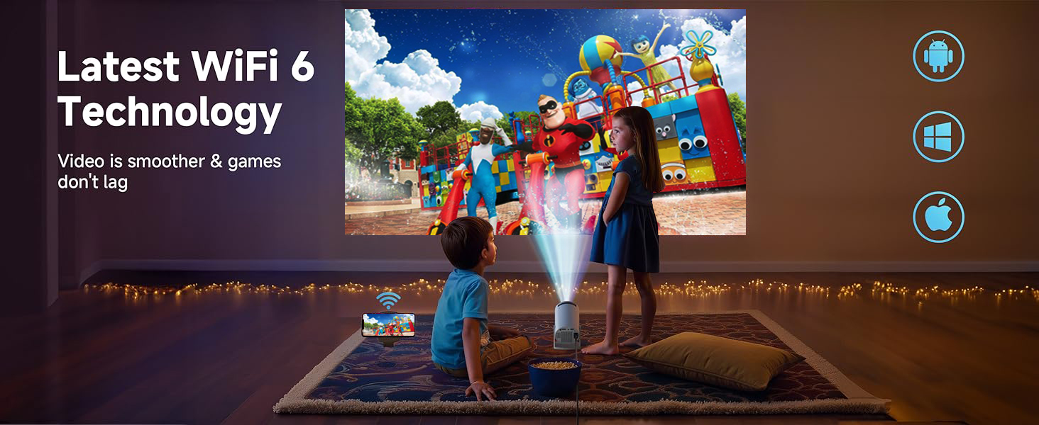TV display showing colorful playground scene. Text overlay: 'Latest WiFi 6 Technology' with icons for streaming, gaming, and browsing.
