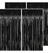 PatiCool Black Tinsel Foil Fringe Curtain Backdrop - Thicken 4 Pack 3.2 x 8.2 FT - Glitter Black ...