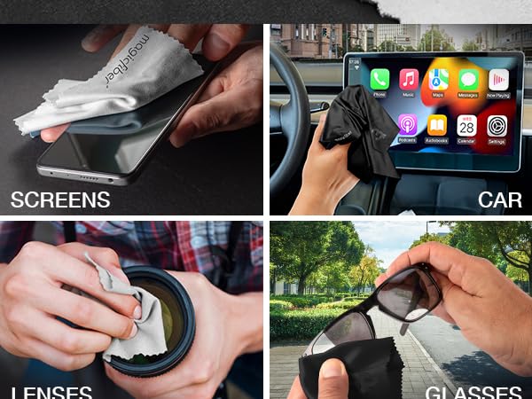 Use on screens. In the car. On camera lenses and on sunglasses or reading glasses.