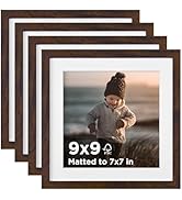 KINLINK 9x9 Picture Frame Brown Set of 4, Wooden Square Photo Frames Matted 7x7 with Plexiglass f...