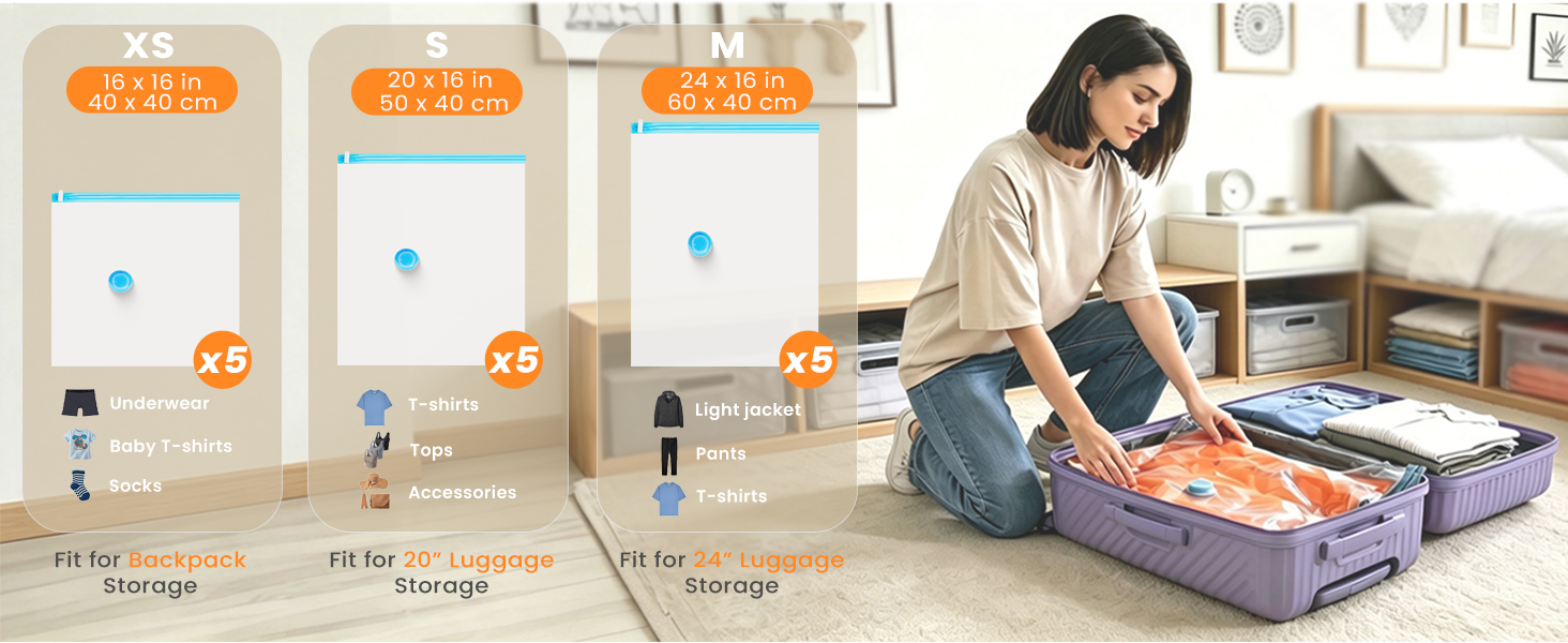 Travel storage bags size