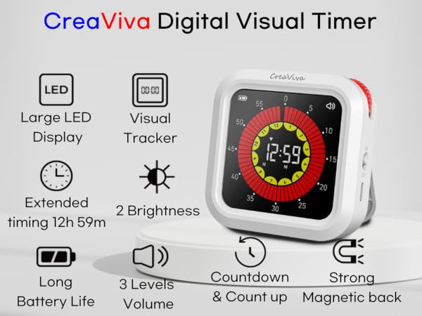 CreaViva Digital Visual Timer 12 hours timing Rechargeable battery Magnetic back