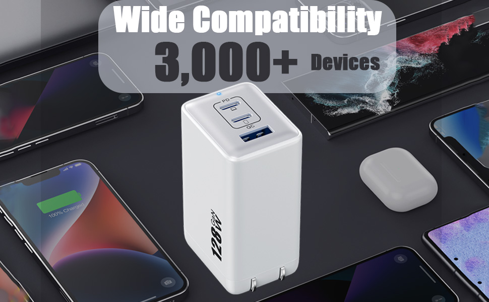 128W USB C Multiport Charger, GaN III 3-Port USB Charging Station Fast Charger Power Adapter