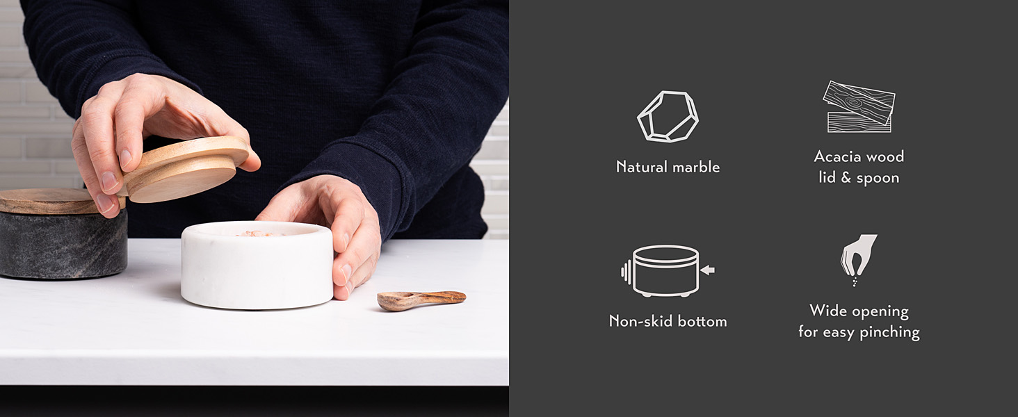 Salt cellar features natural marble, acacia wood lid and spoon, wide for pinching