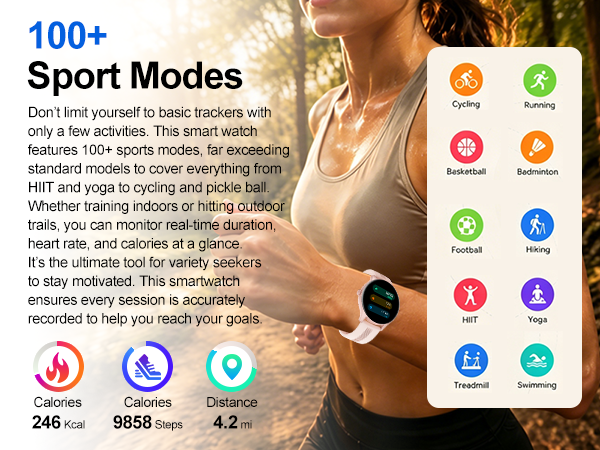 Smart watch with 100+ sport modes: tracks duration, heart rate, calories for runs, yoga, cycling.